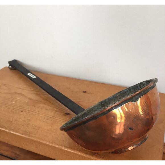 Copper sugar bowl set with dark patina Vintage Hand Hammered Turkish Copper Patina Ladle Bowl Pot Long 14\